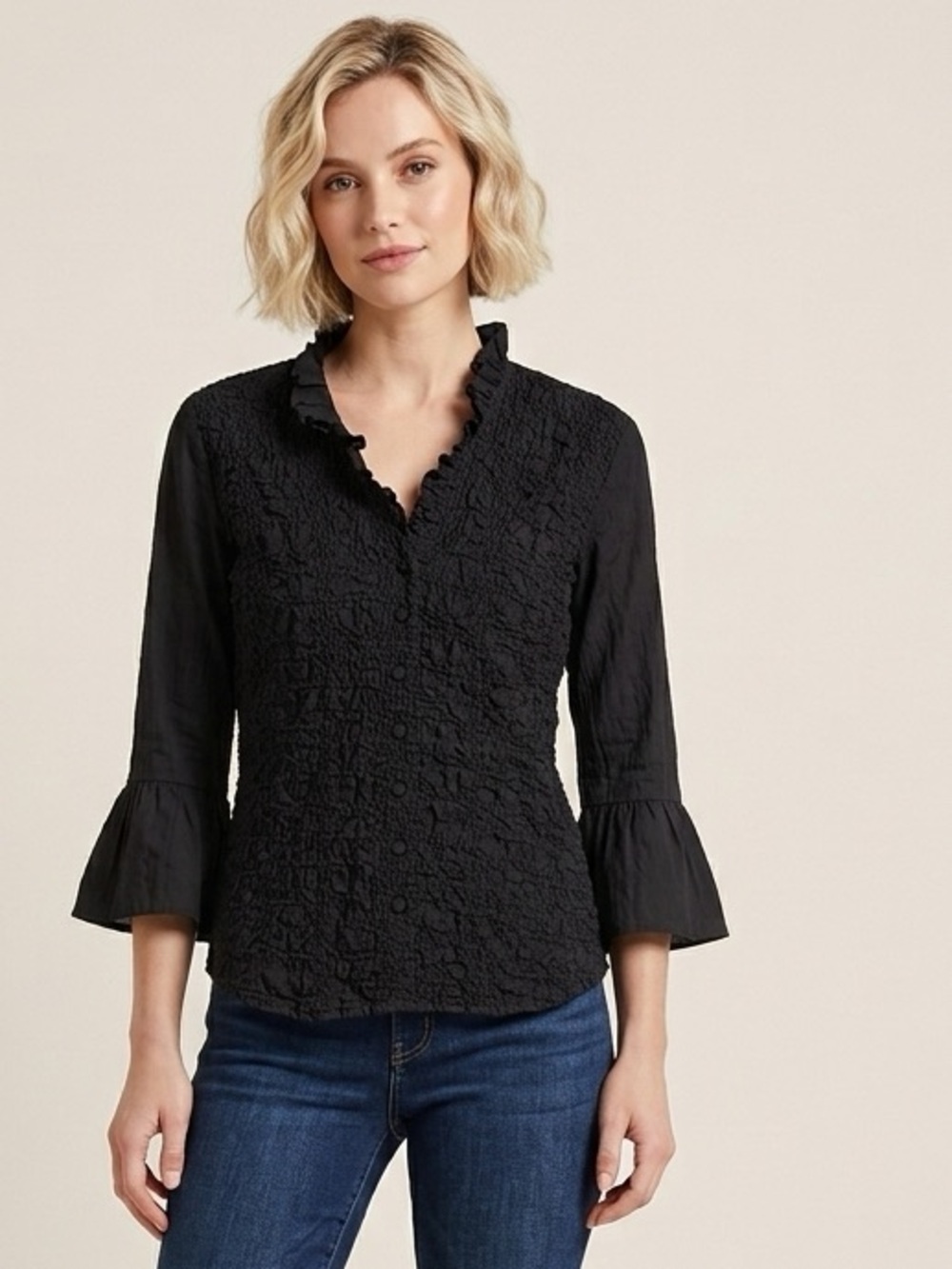 Nexx Vtg Y2K Black Crinkle Ruffle Blouse Flare Cuff small, 18” p2p gothic EUC
